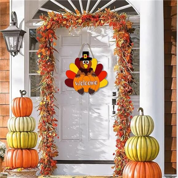 Thanksgiving Decorations Turkey Door Sign Welcome Fall Wreath for Front Door - Picture 2 of 8